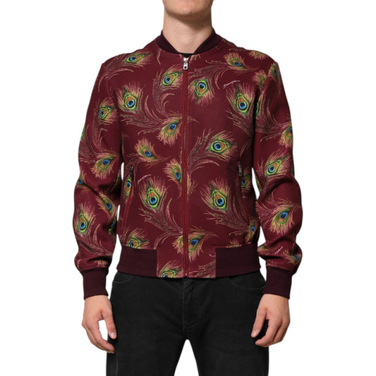 Dolce & Gabbana Maroon Peacock Feather Print Bomber Jacket
