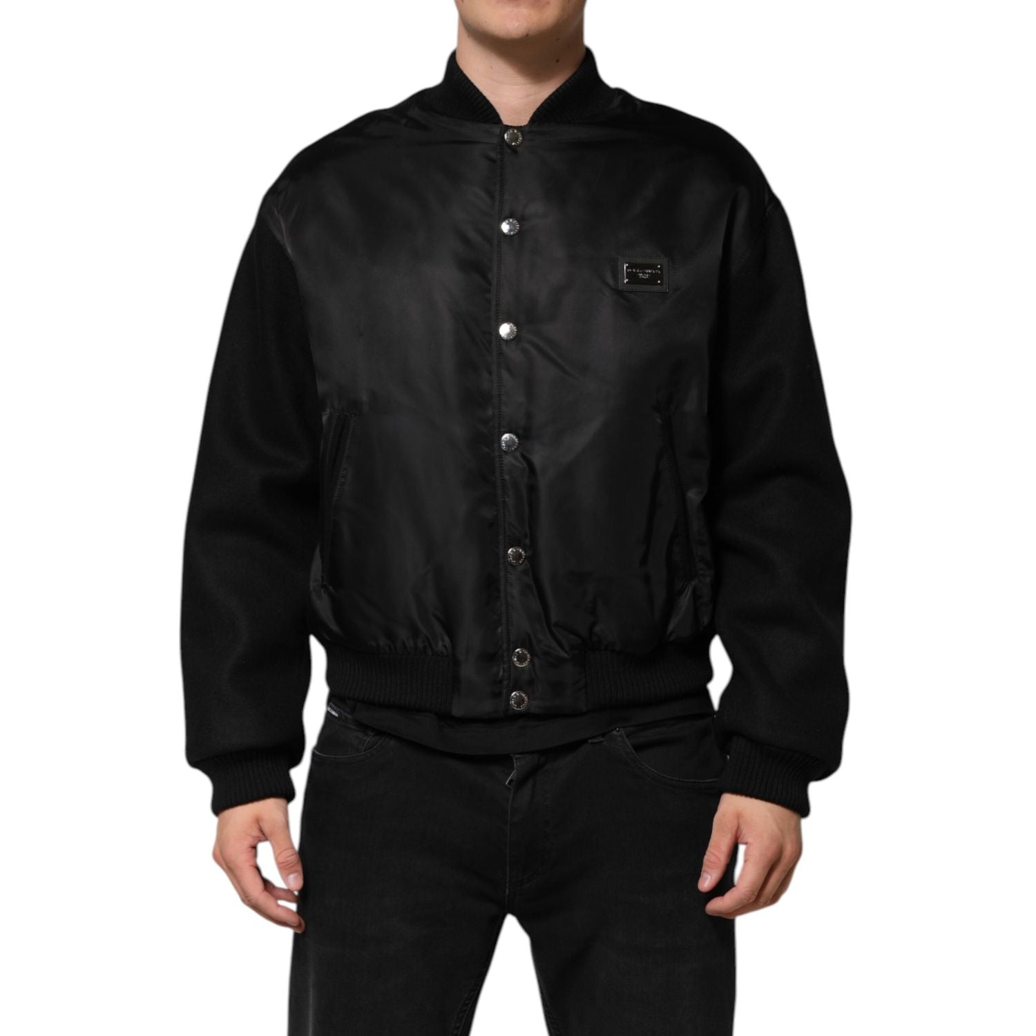 Dolce & Gabbana Black Polyester Logo Plaque Bomber Jacket