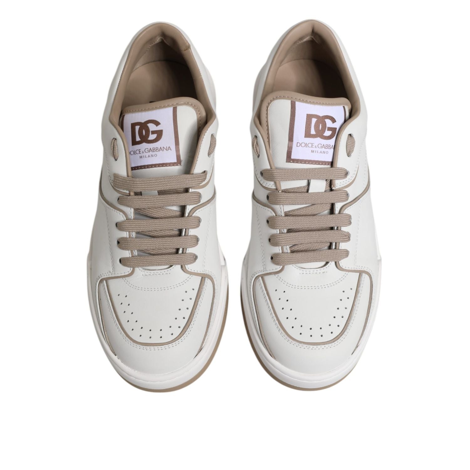 Dolce & Gabbana White Brown Leather Low Top Men Sneakers Shoes