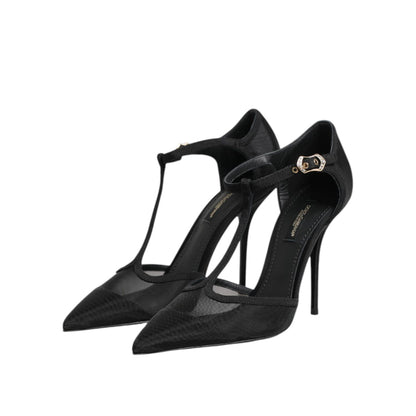 Dolce & Gabbana Black Mesh T-strap Stiletto High Heels Shoes