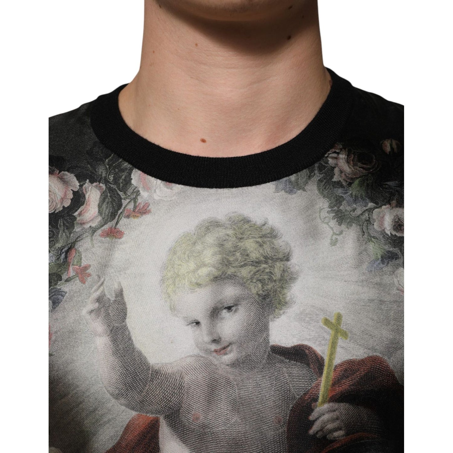 Dolce & Gabbana Black Cashmere Cherub Print Baroque Sweater