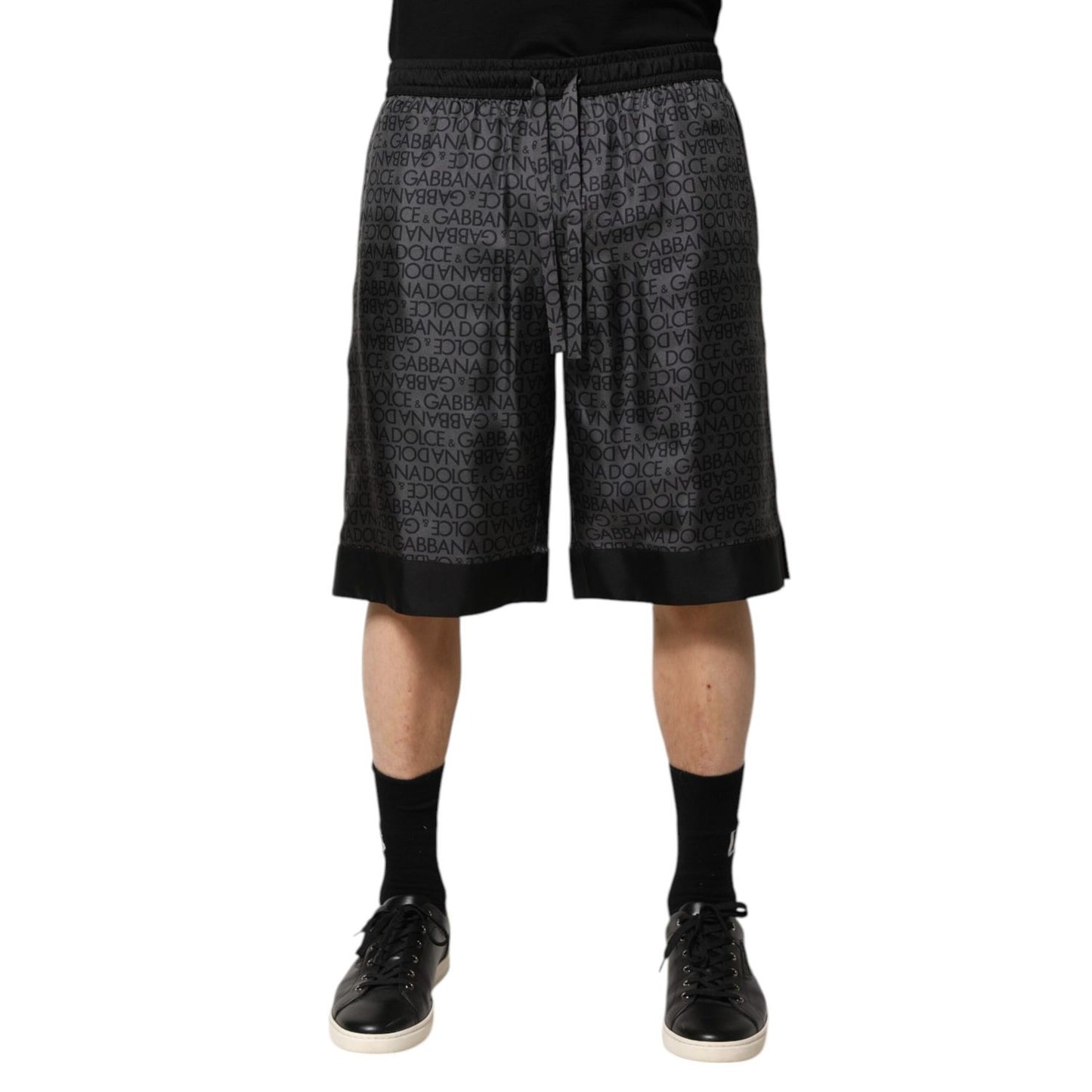 Dolce & Gabbana Gray Black Silk DG Logo Men Bermuda Shorts