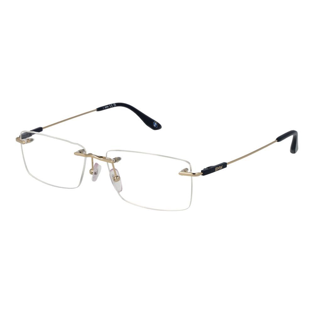 BMW Gold Men Glasses Frame in Titanium, Rimless Rectangle Style, Demo Lenses, 56-15-145 Size with 145mm Temples, Includes Branded Case.