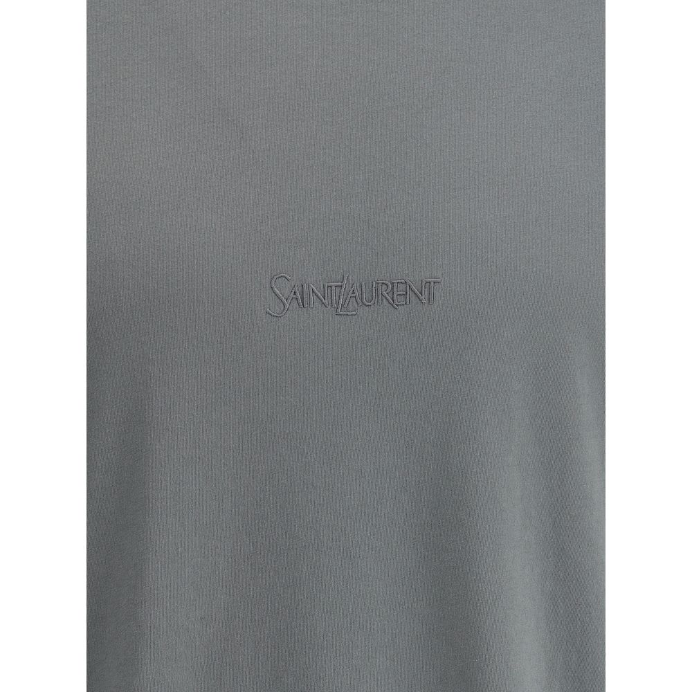 Saint Laurent Green Cotton T-Shirt with embroidered logo on front, minimalist design with ribbed crew neck.