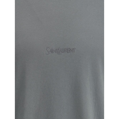 Saint Laurent Green Cotton T-Shirt with embroidered logo on front, minimalist design with ribbed crew neck.