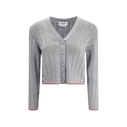 Thom Browne Gray Fleece Wool Cardigan with ribbed V-neck design and iconic bands on hem for Fall-Winter 2025