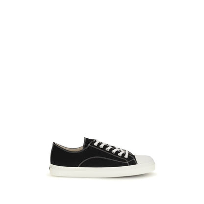Moschino Black Cotton Low Top Sneakers with flat sole and lace-up closure, featuring reinforced toe and logo on heel.