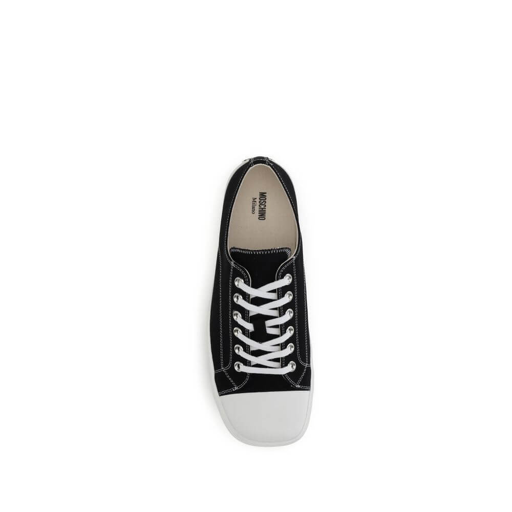 Moschino Black Cotton Low Top Sneakers with lace-up closure and rubber sole, top view showcasing modern design and logo detail.