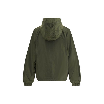Ganni Green Nylon Shell Jacket with hood and side pockets, featuring the GANNI logo patch, designed for waterproof style in AW25 collection.
