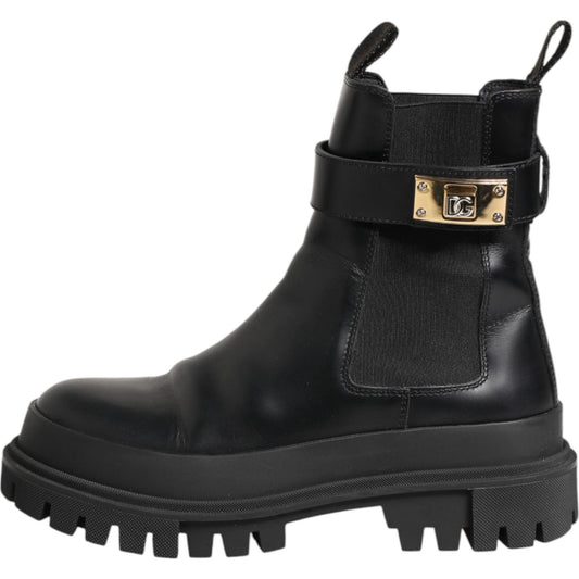 Dolce & Gabbana Black Calfskin DG Logo Strap Ankle Boots Shoes LA12857-39