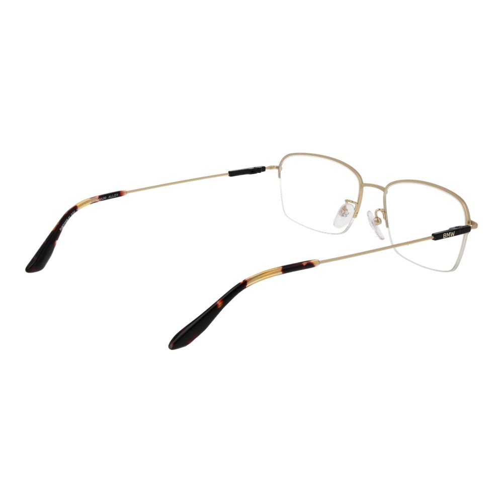 BMW Gold Men Glasses Frame, titanium half-rim style with gold frame, demo lenses, size 56-18-145, includes branded case