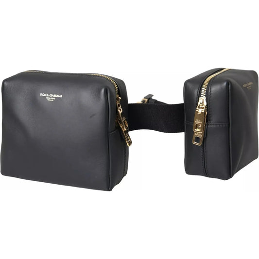 Dolce & Gabbana Black Calfskin Leather Double Waist Belt Fanny Pack Bag BAG4670