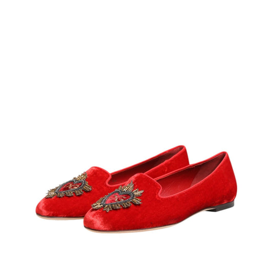 Dolce & Gabbana Red Velvet DG Heart Loafers Flat Shoes LA12779-36.5