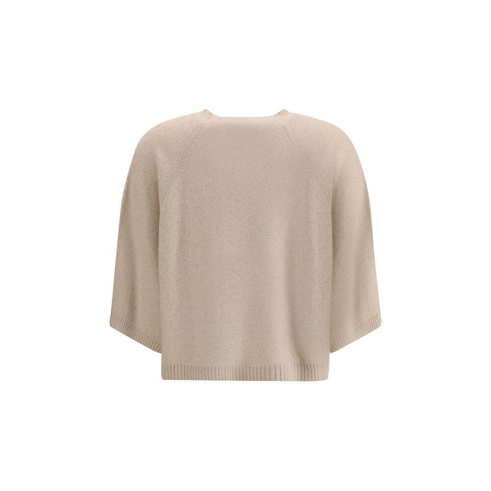 Back view of Fabiana Filippi Beige Fleece Wool Sweatshirt with ribbed hem and wide 3/4 sleeves.