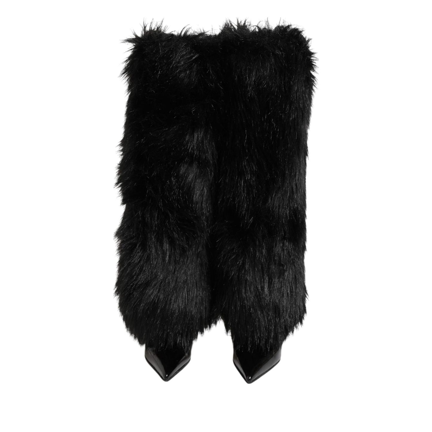 Dolce & Gabbana Black Faux Fur Pointed Knee High Stiletto Boots Shoes