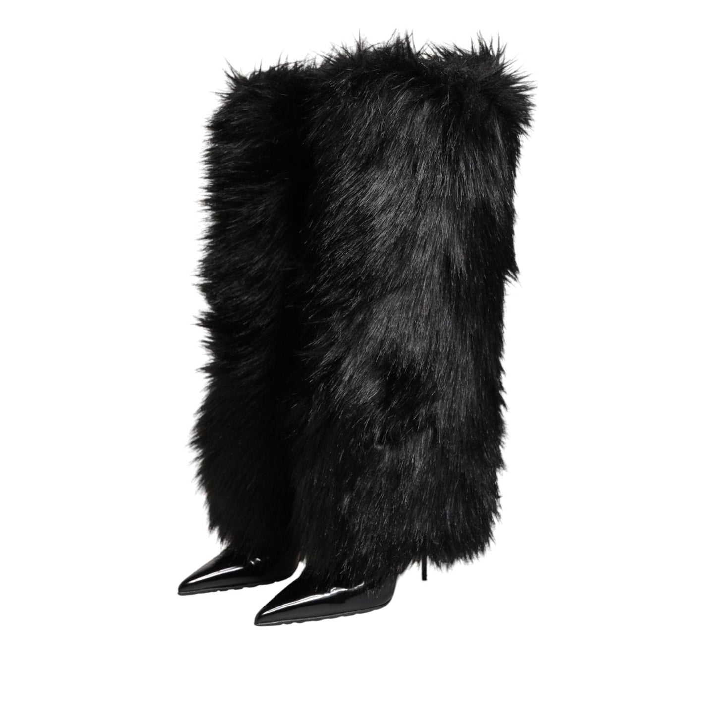 Dolce & Gabbana Black Faux Fur Pointed Knee High Stiletto Boots Shoes