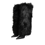 Dolce & Gabbana Black Faux Fur Pointed Knee High Stiletto Boots Shoes