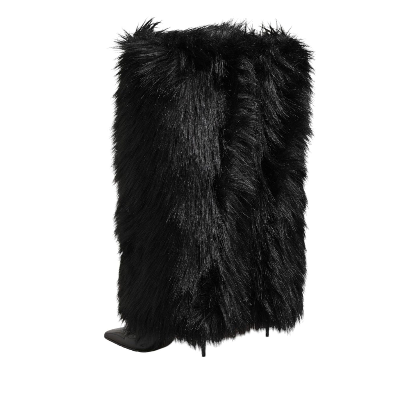 Dolce & Gabbana Black Faux Fur Pointed Knee High Stiletto Boots Shoes