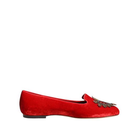 Dolce & Gabbana Red Velvet DG Heart Loafers Flats Shoes LA12821-36
