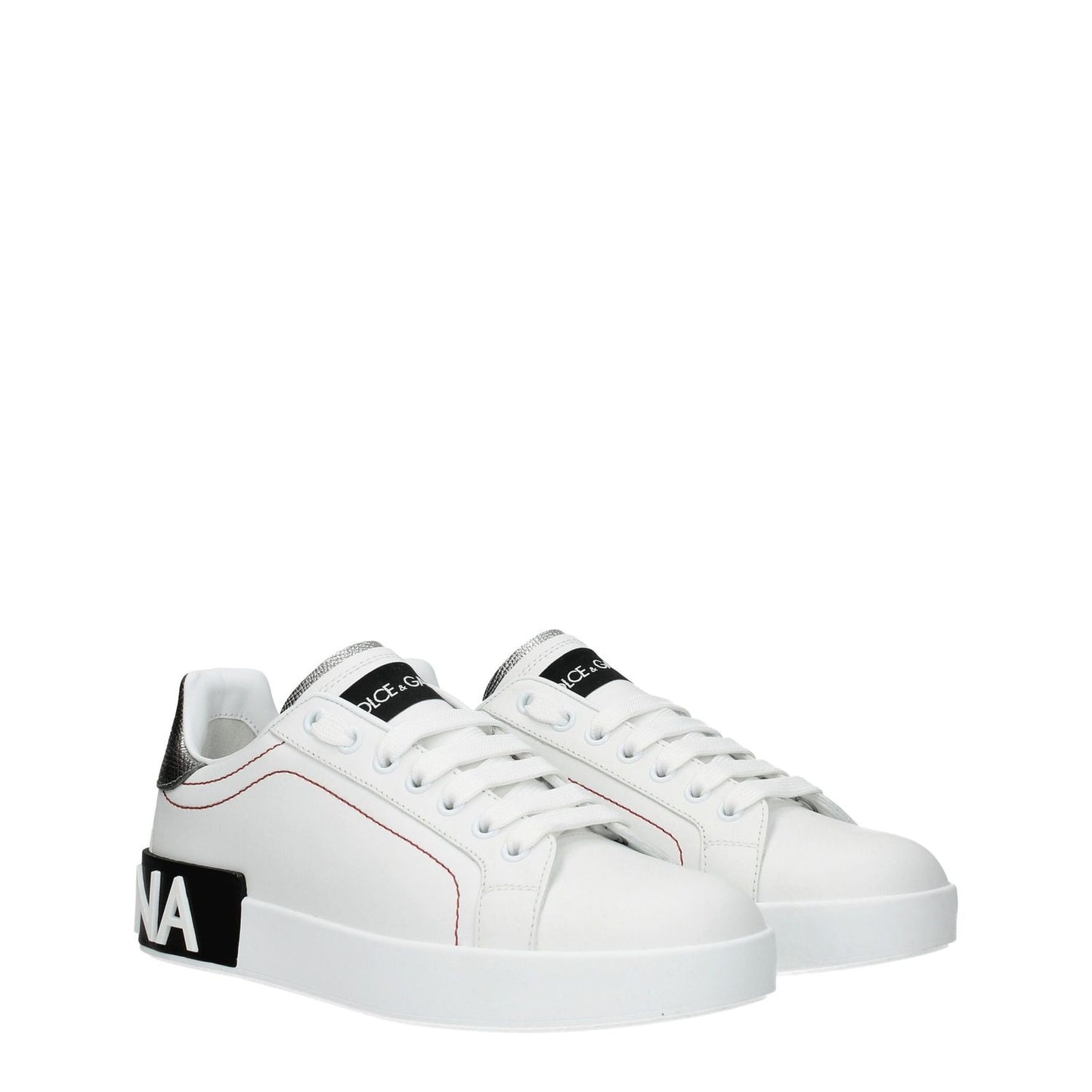 Dolce & Gabbana White Leather Low Top Sneakers with logo detail, sporty glam style, lace-up closure, and rubber sole.