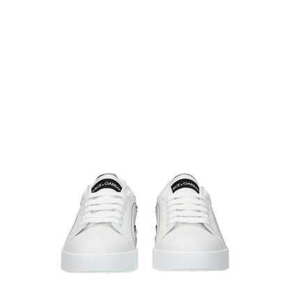 Dolce & Gabbana White Leather Low Top Sneakers featuring lace-up closure and front logo view