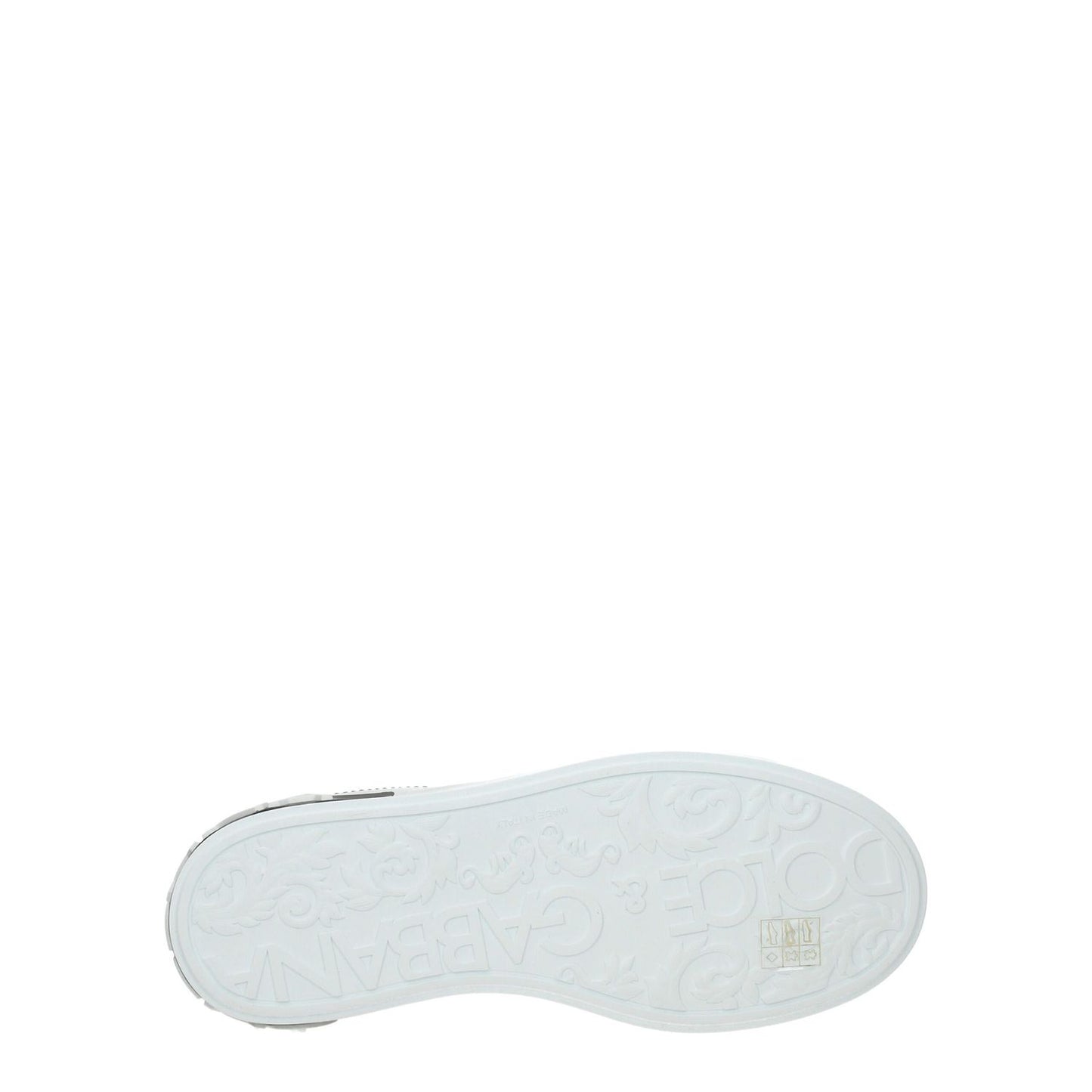 Dolce & Gabbana White Leather Low Top Sneakers with rubber sole displaying brand logos on underside, focus on shoe sole design.