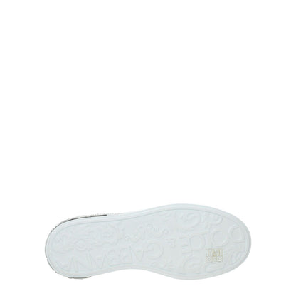 Dolce & Gabbana White Leather Low Top Sneakers with rubber sole displaying brand logos on underside, focus on shoe sole design.
