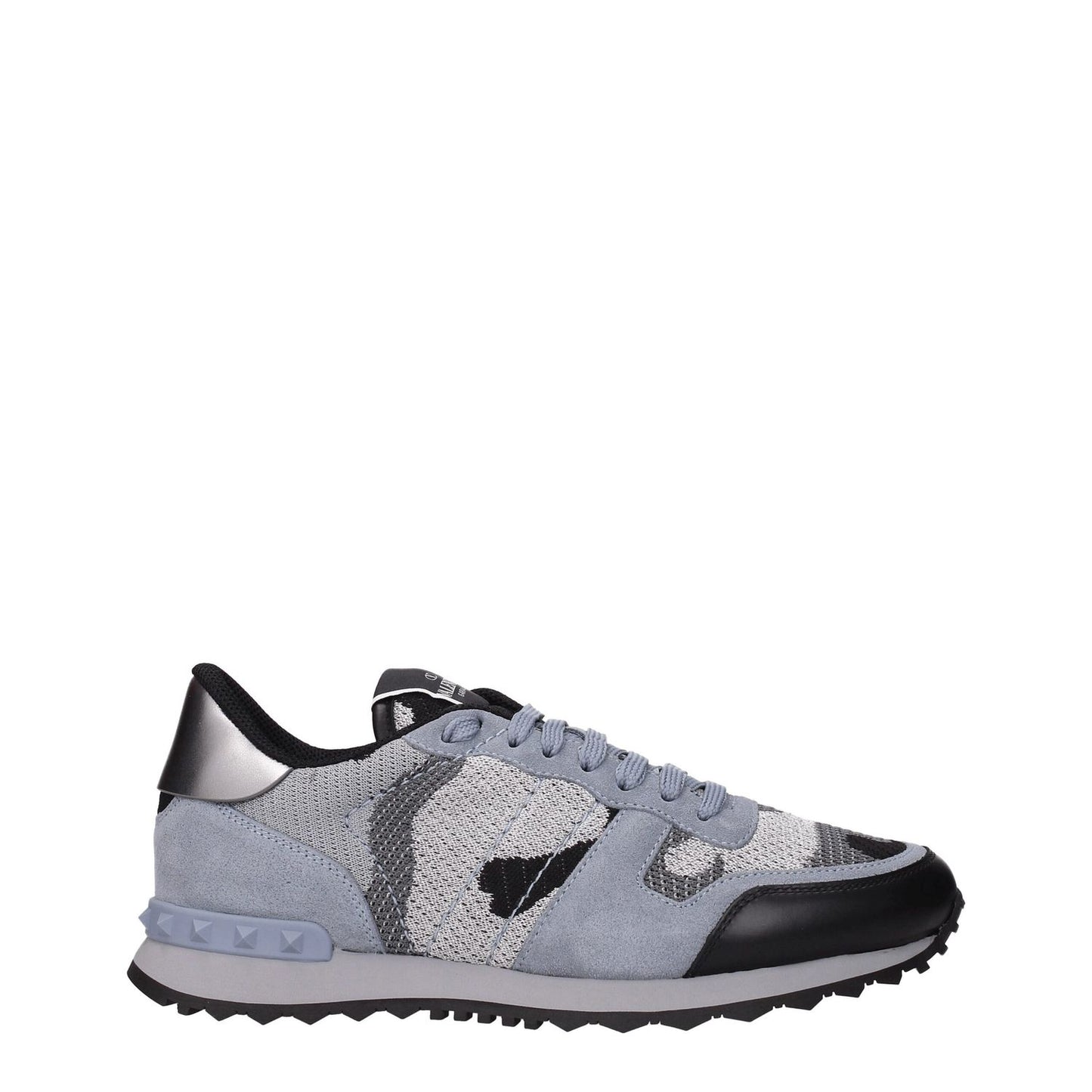 Valentino Garavani Gray Fabric Athletic Sneakers featuring lace-up closure, low flat heel, rubber sole, round toe, and front logo design.