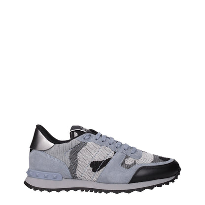 Valentino Garavani Gray Fabric Athletic Sneakers featuring lace-up closure, low flat heel, rubber sole, round toe, and front logo design.