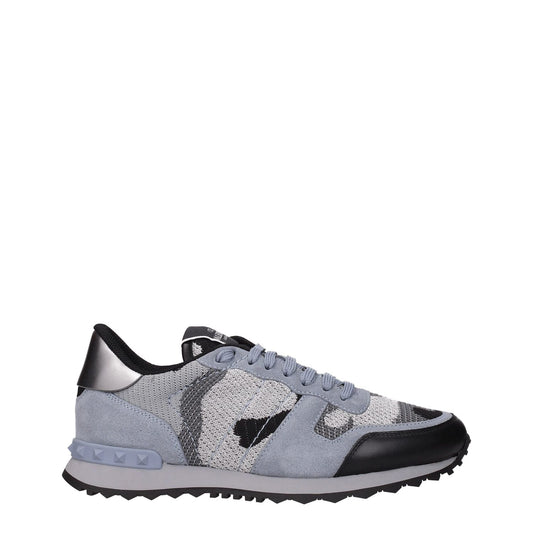 Valentino Garavani Gray Fabric Athletic Sneakers featuring lace-up closure, low flat heel, rubber sole, round toe, and front logo design.