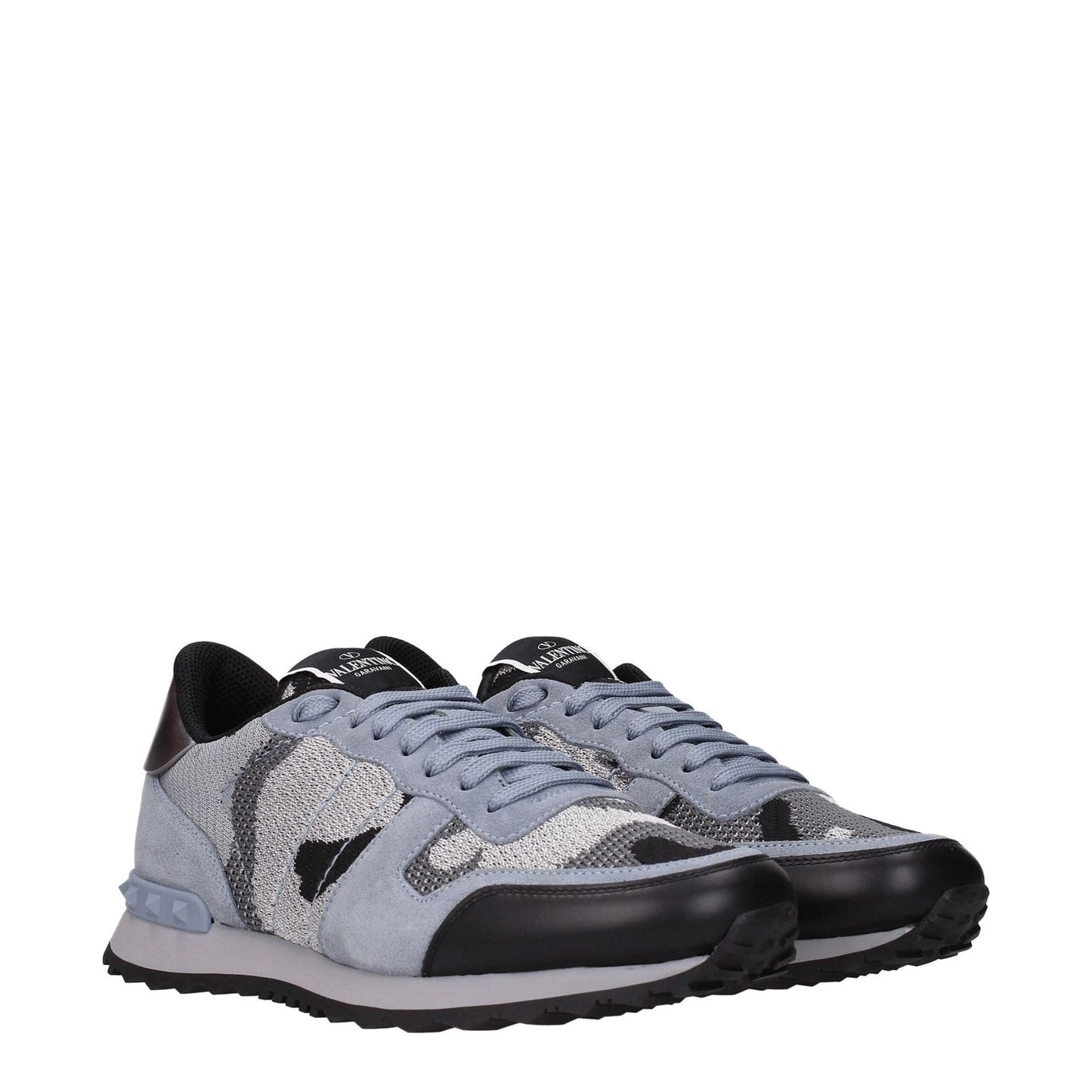 Valentino Garavani Gray Fabric Athletic Sneakers with lace-up closure and rubber sole, featuring front logo and round toe design.