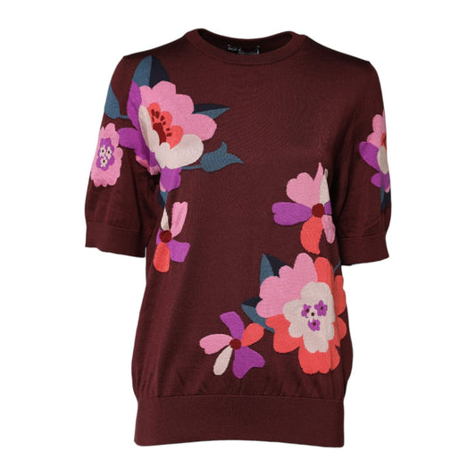 Dolce & Gabbana Maroon Floral Silk Crew Neck Blouse Top