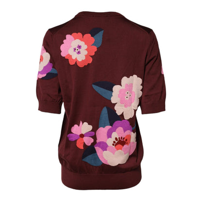 Dolce & Gabbana Maroon Floral Silk Crew Neck Blouse Top