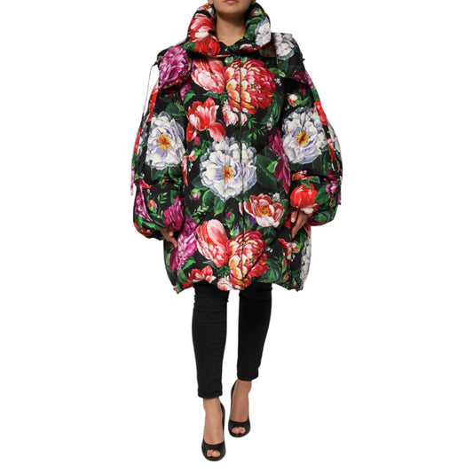 Dolce & Gabbana Multicolor Floral Hooded Puffer Coat Jacket