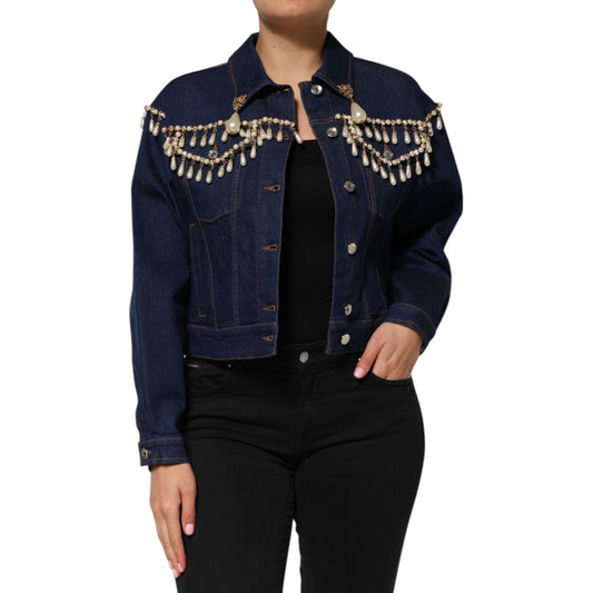 Dolce & Gabbana Blue Cotton Denim Crystal Embellished Jacket