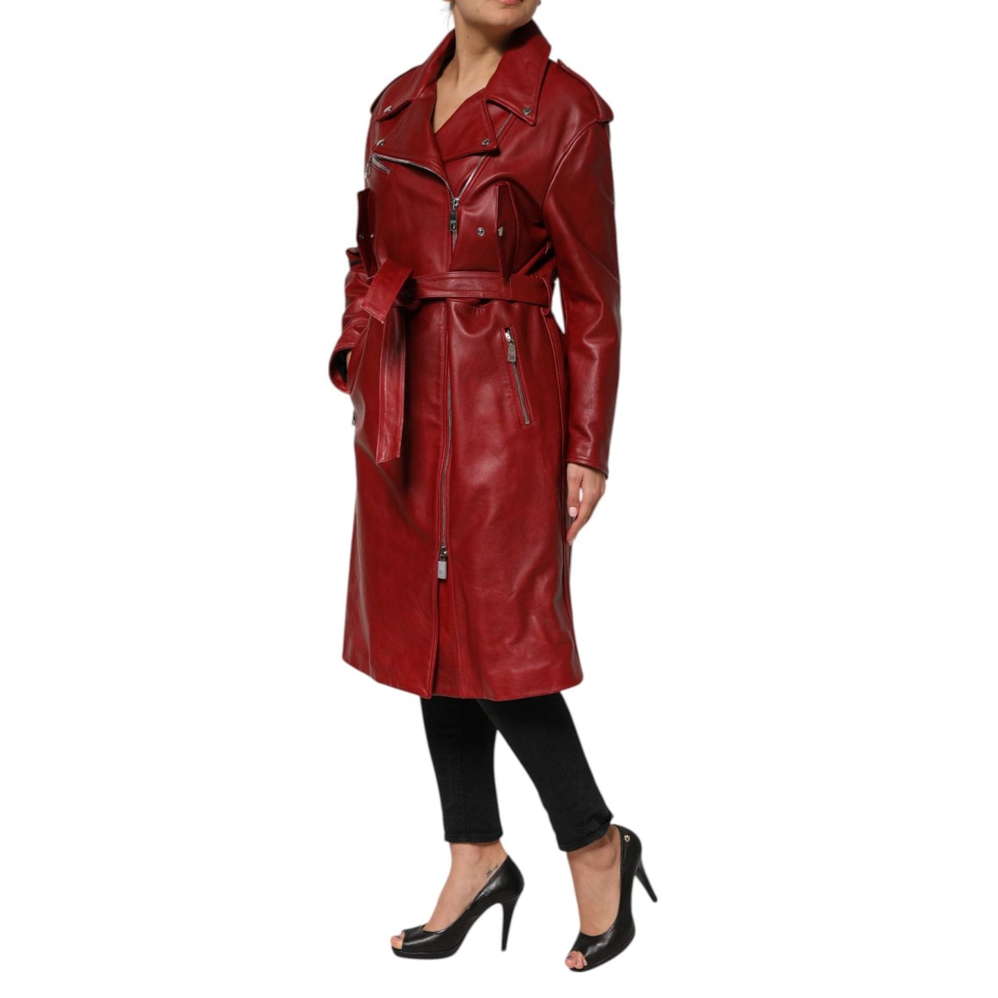 Dolce & Gabbana Red Leather Belted Full Zip Trench Coat Jacket JKT41571-40