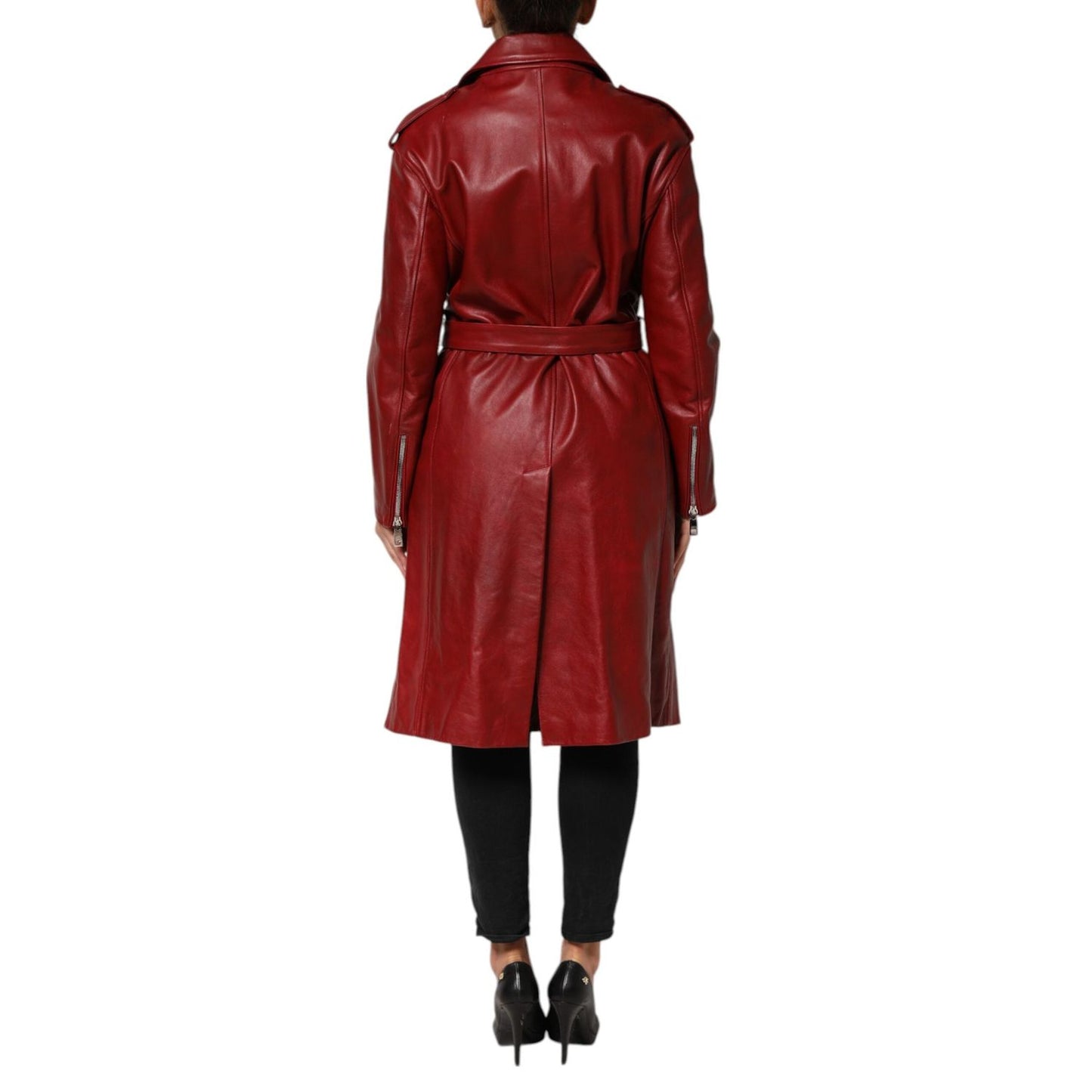 Dolce & Gabbana Red Leather Belted Full Zip Trench Coat Jacket JKT41571-40