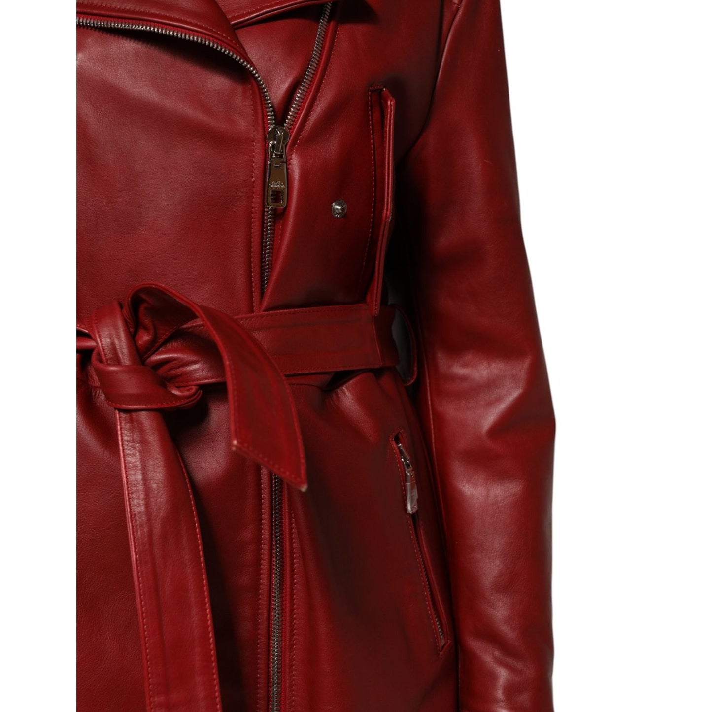 Dolce & Gabbana Red Leather Belted Full Zip Trench Coat Jacket JKT41571-40