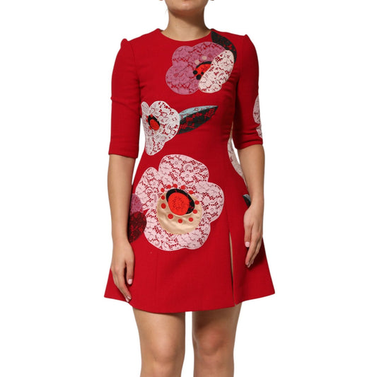 Dolce & Gabbana Red Lace Floral Applique A-line Mini Dress DR81748-36