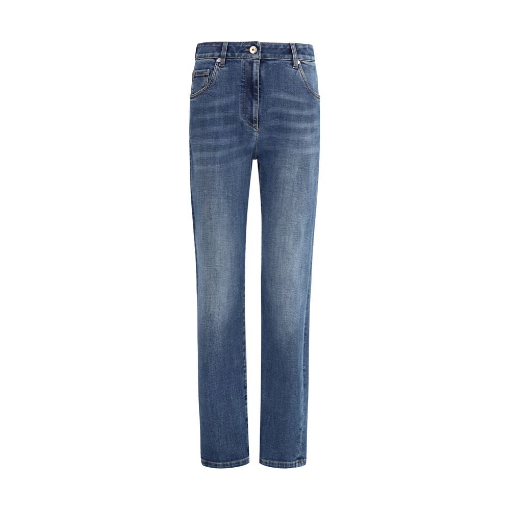 Brunello Cucinelli Skinny Jeans, cotton five-pocket with shiny jewel detail, button-and-zip front closure, regular fit, AW25 collection.