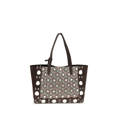 Valentino Garavani Brown Calf Leather Bos Taurus Shoulder Bag with mirror and sequin embroidery, ball studs, and Signature VLogo detail.