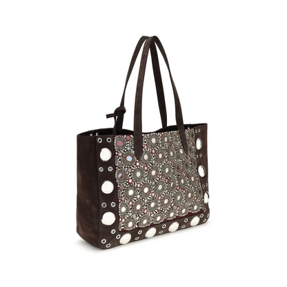Valentino Garavani Brown Calf Leather Bos Taurus Shoulder Bag with mirror and sequin embroidery, iconic ball studs, and rivets.