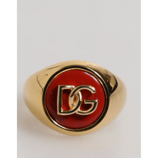 Dolce & Gabbana Gold Tone Real Brass Red DG Logo Men Ring SMY10720-62