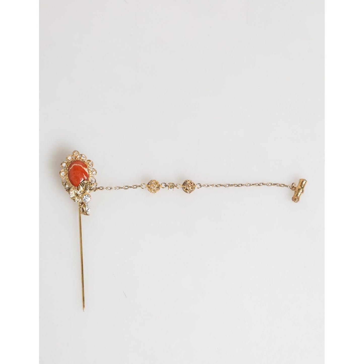 Dolce & Gabbana Gold Brass Crystal Chain 925 Sterling Silver Pin Brooch SMY11077