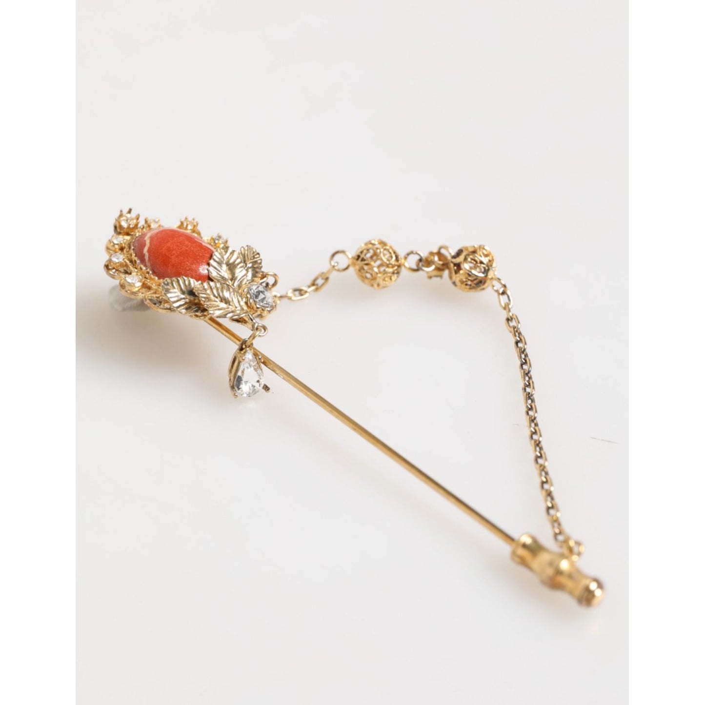 Dolce & Gabbana Gold Brass Crystal Chain 925 Sterling Silver Pin Brooch SMY11077