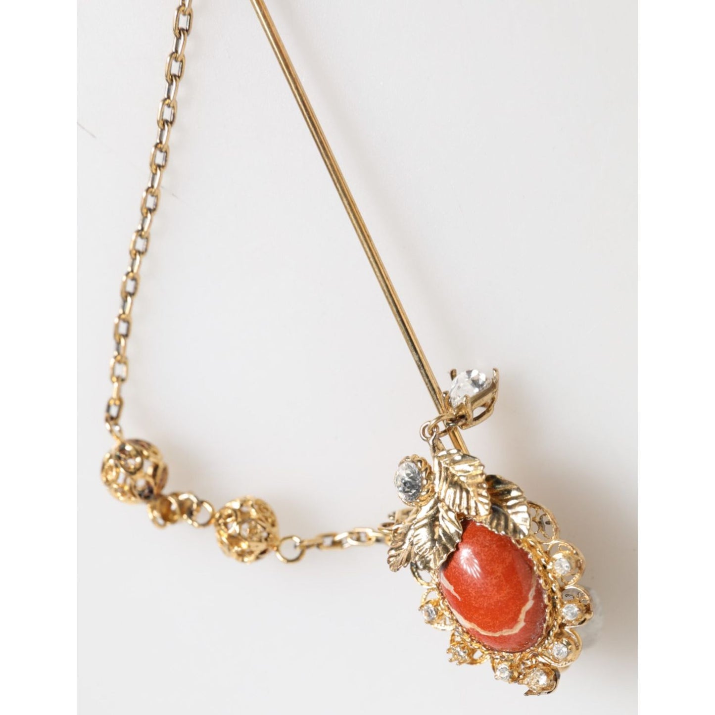 Dolce & Gabbana Gold Brass Crystal Chain 925 Sterling Silver Pin Brooch SMY11077