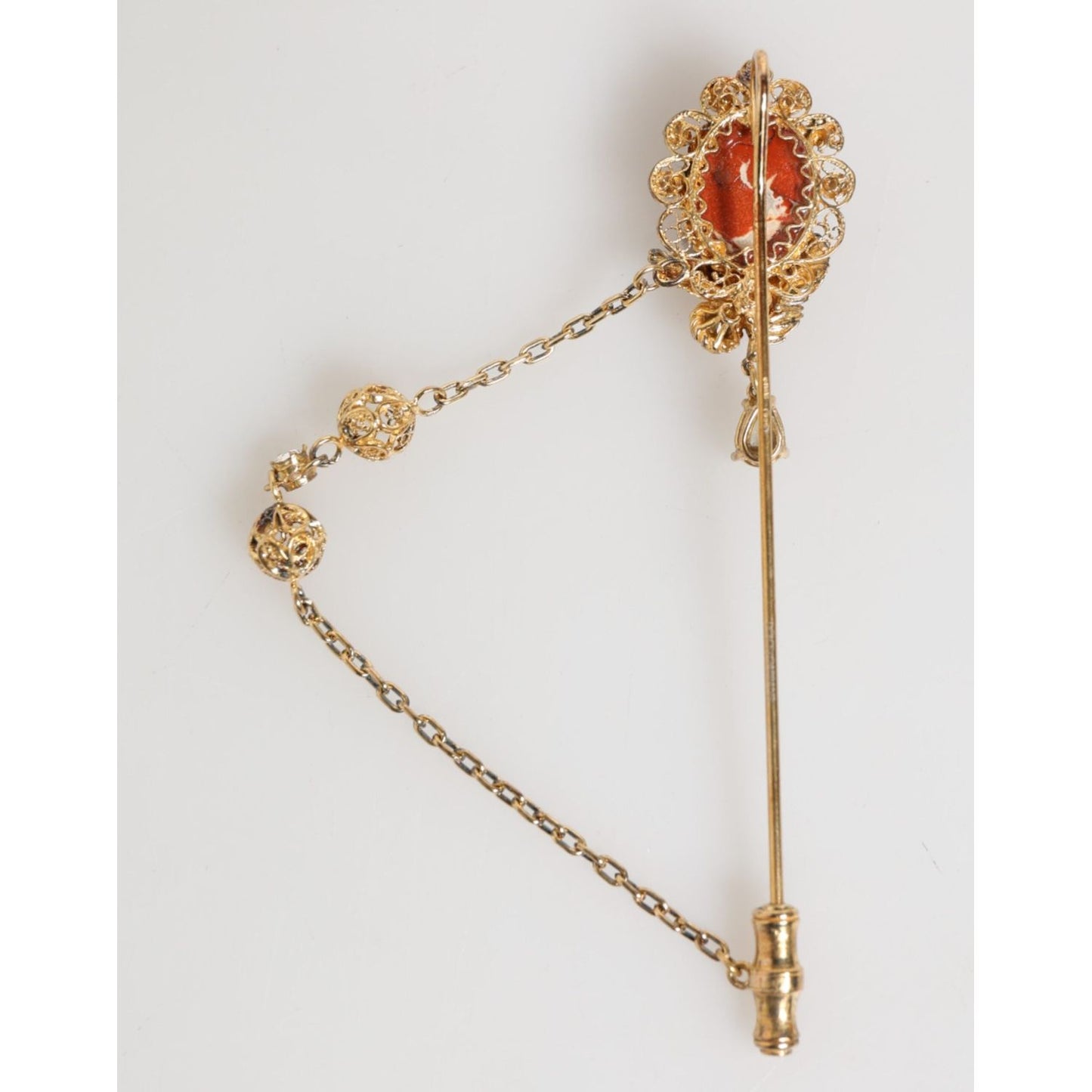 Dolce & Gabbana Gold Brass Crystal Chain 925 Sterling Silver Pin Brooch SMY11077