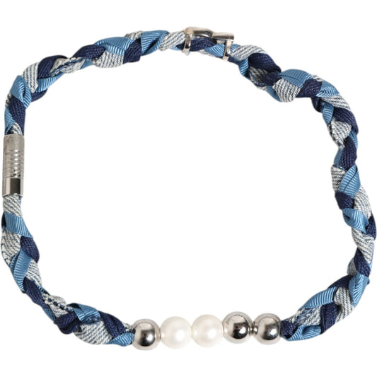 Dolce & Gabbana Blue White Braided Silver Metal Logo Beaded Men Bracelet SMY11101
