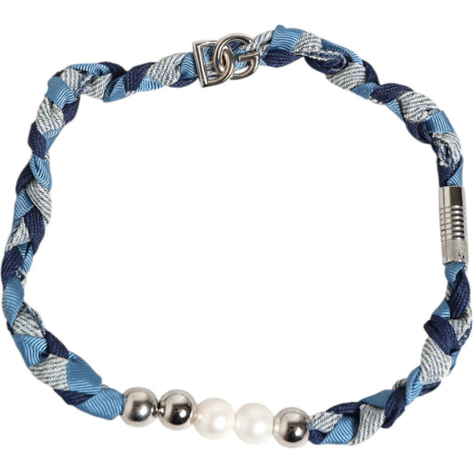 Dolce & Gabbana Blue White Braided Silver Metal Logo Beaded Men Bracelet SMY11101