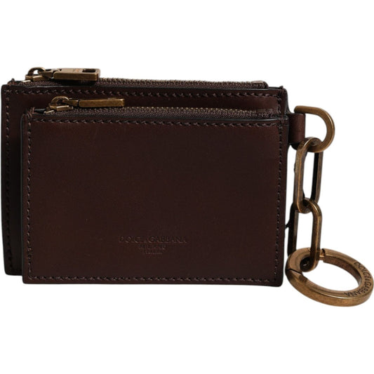 Dolce & Gabbana Brown Calf Leather Zip Logo Keyring Coin Purse Men Wallet SMY11220